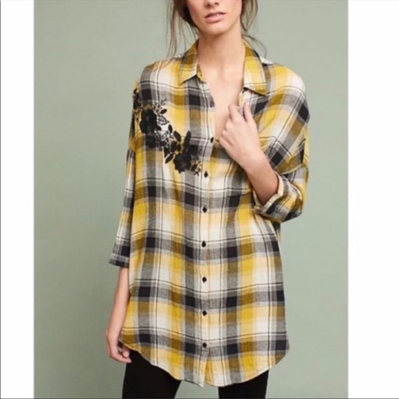 Anthropologie Maeve Floral Embroidered Plaid Oversized Button Down - Picture 2 of 4